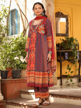 Rust Pure Cotton Ikat Printed Alia Cut Anarkali Kurta Set With Tassels & Thread  Embroidery-S4487RUST